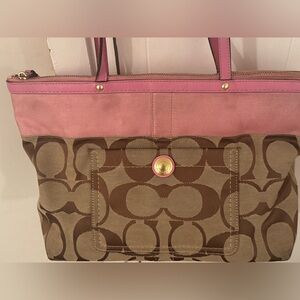 Authentic COACH Signature Shoulder Tote Bag Canvas Leather Brown Pink 11691